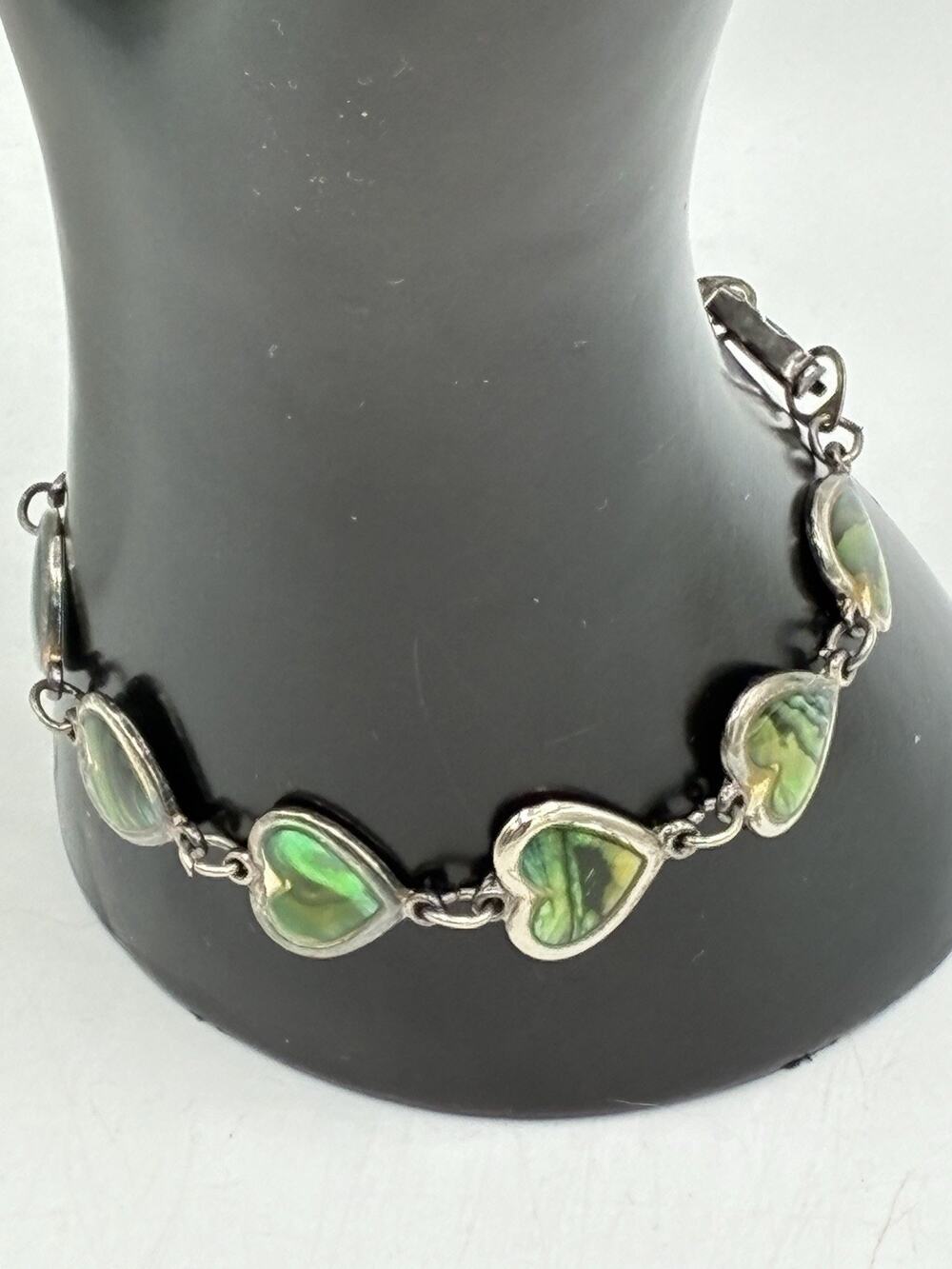 Vintage Abalone Heart Link Bracelet Silver Tone Green Iridescent 7 Inch